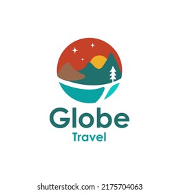 Globe Mountain And Hill For Travel Agent Logo Design. Unique Flat Mountain Logo Design.