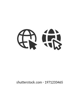 Globe and mouse arrow web black vector icon. Planet and cursor, website symbol.