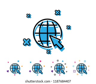 Globe with mouse cursor line icon. World or Earth sign. Global Internet symbol. Line icon with geometric elements. Bright colourful design. Vector
