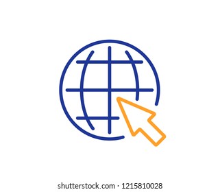 Globe with mouse cursor line icon. World or Earth sign. Global Internet symbol. Colorful outline concept. Blue and orange thin line color icon. Internet Vector