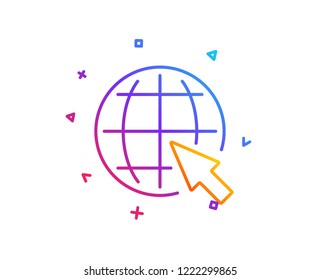 Globe with mouse cursor line icon. World or Earth sign. Global Internet symbol. Gradient line button. Internet icon design. Colorful geometric shapes. Vector