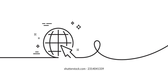 Globe with mouse cursor line icon. Continuous one line with curl. World or Earth sign. Global Internet symbol. Internet single outline ribbon. Loop curve pattern. Vector