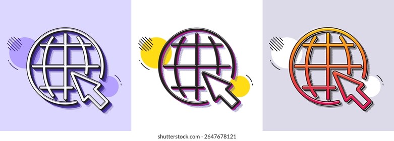 Globe with mouse cursor line icon. Halftone dotted pattern. Gradient icon with grain shadow. World or Earth sign. Global Internet symbol. Line internet icon. Various designs. Vector