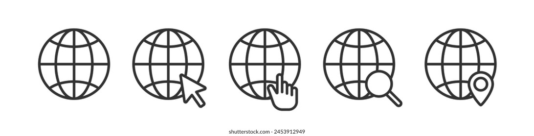 Globus-Maus, Hand-Klicken-Symbol. Web-Suche Vektorgrafik. Map-Pin global. Computer-Website.