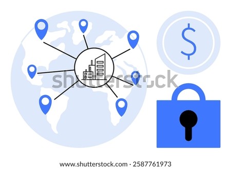 A globe with multiple location pins connected to a central business icon. Adjacent are a currency symbol and a padlock. Ideal for business connectivity, global distribution, financial security