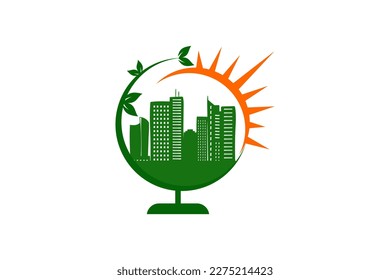 Globe nature town with sunrise or sun or sunset logo design template element icon vector
