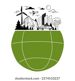 A globe with nature and urban elements like wind turbines, mountains, and buildings, symbolizing sustainable coexistence. Doodle style.