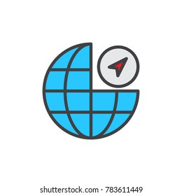 Globe navigation filled outline icon, line vector sign, linear colorful pictogram isolated on white. Symbol, logo illustration. Pixel perfect vector graphics