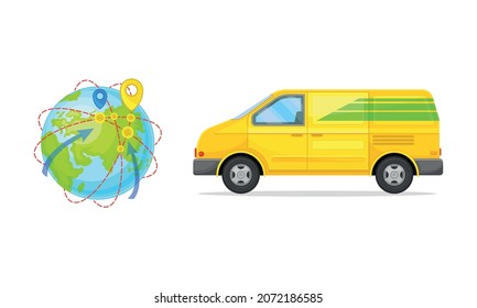 Globe with Navigation Point and Van as Shopping Logistics and Order Delivery Vector Set