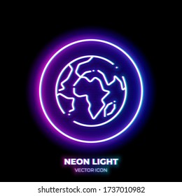 Globe neon light line art vector icon. Outline symbol of world. Planet Earth pictogram made of thin stroke. Isolated on background.