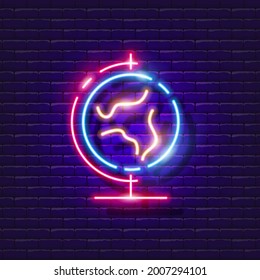 Signo de neón de globo. Icono que resplandece la lección de geografía. Ilustración vectorial para el diseño. Concepto escolar.