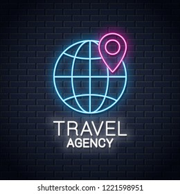 Globe neon sign. Location on globe neon banner. Travel agency concept logo on wall background