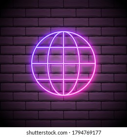 Globe neon sign. Night bright advertisement. Vector illustration in neon style for geography and knowledge.