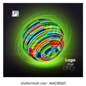 Globe neon web emblem. Media. Motion. Billiard. Green tones.