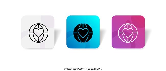 globe network with heart sign icon set in line, outline, glyph flat gradient 3d style