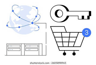 Globe with network nodes, large key, two servers, shopping cart with notification. Ideal for themes of global connectivity, cybersecurity, data management, online shopping, digital services