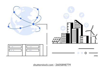 Globe with network nodes, urban buildings with wind turbines, solar panels, data servers. Ideal for technology, communication, sustainability, smart cities, renewable energy, internet of things