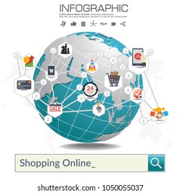 Globe network and Online shopping icon. Business marketting concept.