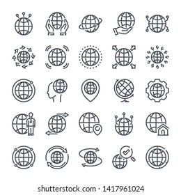 Globe and Network related line icon set. World map linear icons. Earth and location outline vector sign collection.