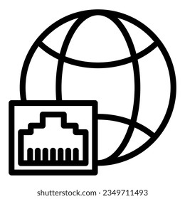 Globo con icono de línea de conexión RJ45 de red. Ilustración del vector de red y de globo aislada en blanco. Estilo de esquema de internet planetario diseñado para y aplicación.