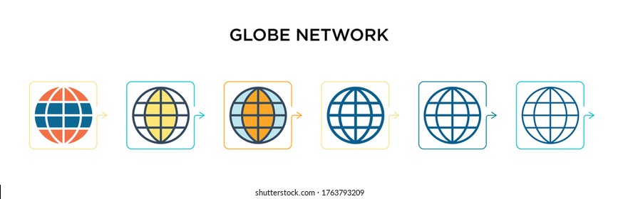 Icono vectorial de red de globo en 6 estilos modernos diferentes. Iconos de red de globo negro, de dos colores, diseñados con un estilo relleno, contorno, línea y trazo. La ilustración vectorial se puede usar para web, móvil, ui