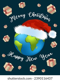 Globe in a New Year's cap.Vector illustration with a globe in a New Year's cap on a colored background with text and gift boxes.