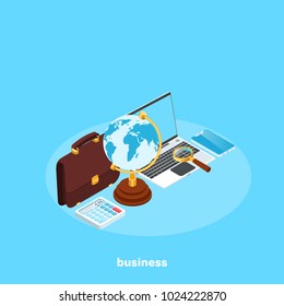 Globe next to the calculator and laptop, set of business objects, isometric image