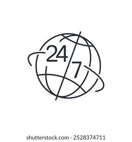 Globe with numbers 24 -7. International business service available anywhere in the world, at any time.Vector linear icon illustration isolated on white background.