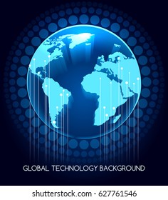 Globe on abstract technological background. Global network concept. Vector background.