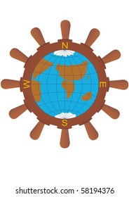 The globe on the background of the ship's wheel.