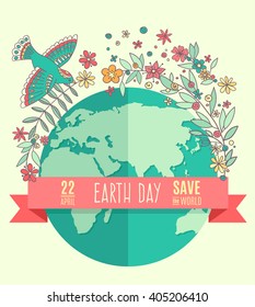 Globe on a beige background, surrounded by flowers and leaves. The inscription on the banner of Earth Day, April 22, Save the World. Vector Illustration.