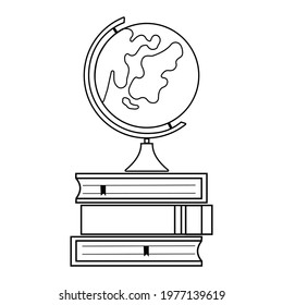 Globe on books, black outline, vector illustration coloring book