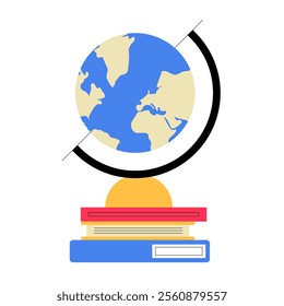 Globe On Books In Flat Vector Illustration Symbolizing Knowledge, Education, And Global Learning, Isolated On White Background