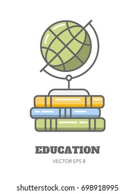 The globe on books. Linear style. Education. Back to school. Internet banner. Vector illustration