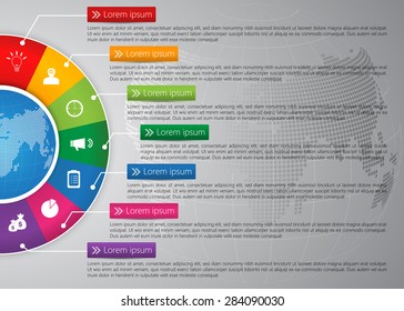 Globe On Colorful Half Circle & Globe Abstract Background, 7 Options, Financial And Business Infographic, Business Icon And Text Information Design. Vector Illustration.