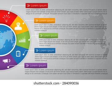 Globe on Colorful Half Circle & Globe Abstract Background, 5 Options, Financial and Business Infographic, Business Icon and Text Information Design. Vector Illustration.