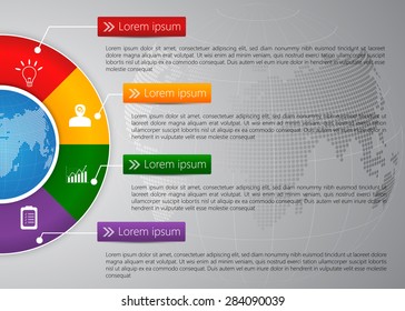 Globe on Colorful Half Circle & Globe Abstract Background, 4 Options, Financial and Business Infographic, Business Icon and Text Information Design. Vector Illustration.