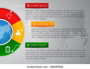 Globe On Colorful Half Circle & Globe Abstract Background, 3 Options, Financial And Business Infographic, Business Icon And Text Information Design. Vector Illustration.