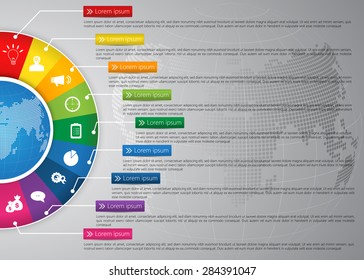 Globe on Colorful Half Circle & Globe Abstract Background, 9 Options, Financial and Business Infographic, Business Icon and Text Information Design. Vector Illustration.