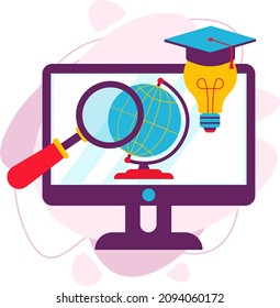 The globe on the computer screen. A magnifying glass, a sweetheart in a student's hat. The concept of online education. Obtaining knowledge.