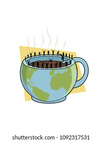 Globe on a cup full of coffee, with people diving in