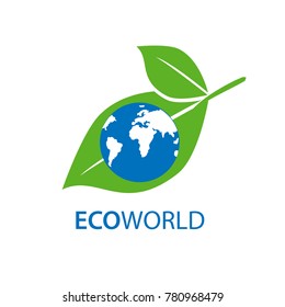 Globe on a green leaf. Symbol of ecology and caring for nature.  Planet and eco symbol or icon. Natural, organic logotype design template. Text ECO world. 