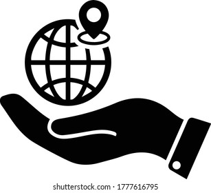 Globe on hand icon / black color