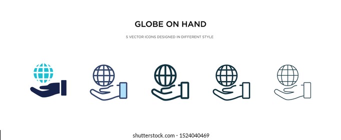 globe on hand icon in different style vector illustration. two colored and black globe on hand vector icons designed in filled, outline, line and stroke style can be used for web, mobile, ui