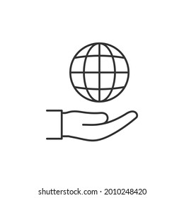 Globe on hand icon line style isolated on white background. Vector illustration