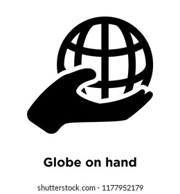 Globe on hand icon vector isolated on white background, logo concept of Globe on hand sign on transparent background, filled black symbol