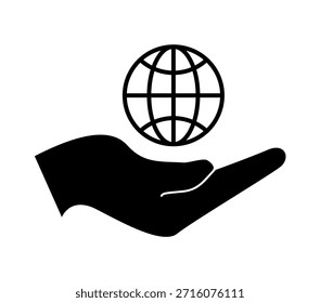 Globe on hand, Globe in hand icons, Hands holding globe icon, hands holding Globe-flat and line style vector illustration, Globe and hand, save the earth concept icon.
