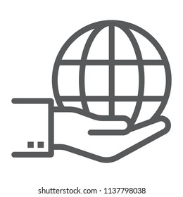 Globe on hand line icon, ecology and energy, save the planet sign, vector graphics, a linear pattern on a white background, eps 10.