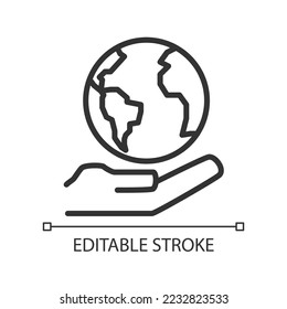 Globe on hand pixel perfect linear icon. Holding world. Saving Earth. Environmental friendly. Thin line illustration. Contour symbol. Vector outline drawing. Editable stroke. Arial font used