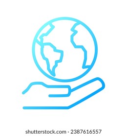 Globe on hand pixel perfect gradient linear vector icon. Holding world. Saving Earth. Environmental friendly. Thin line color symbol. Modern style pictogram. Vector isolated outline drawing